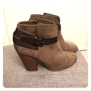 Tan faux suede booties with brown straps